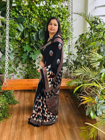 Black Ajrakh silk saree