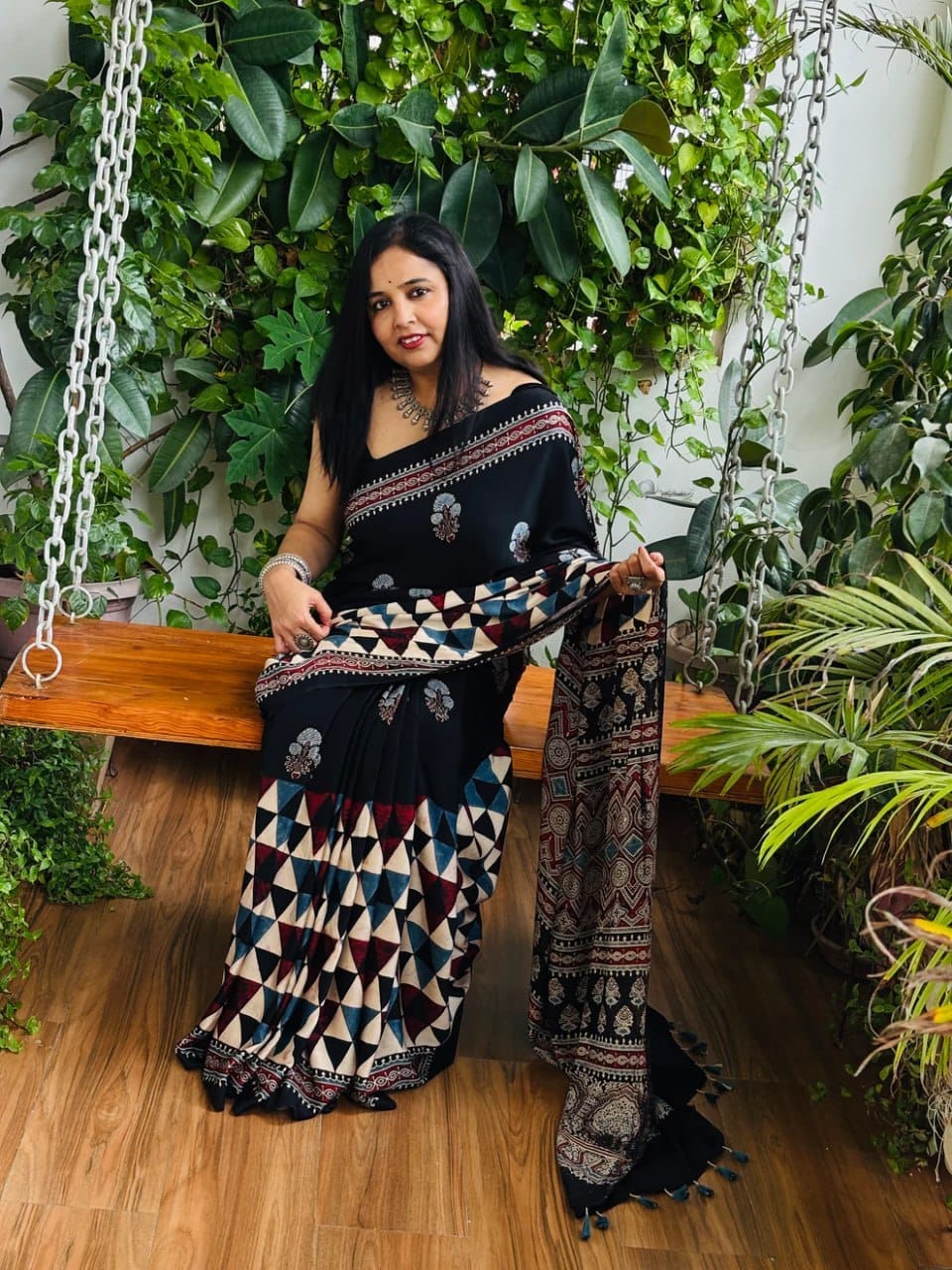 Black Ajrakh silk saree