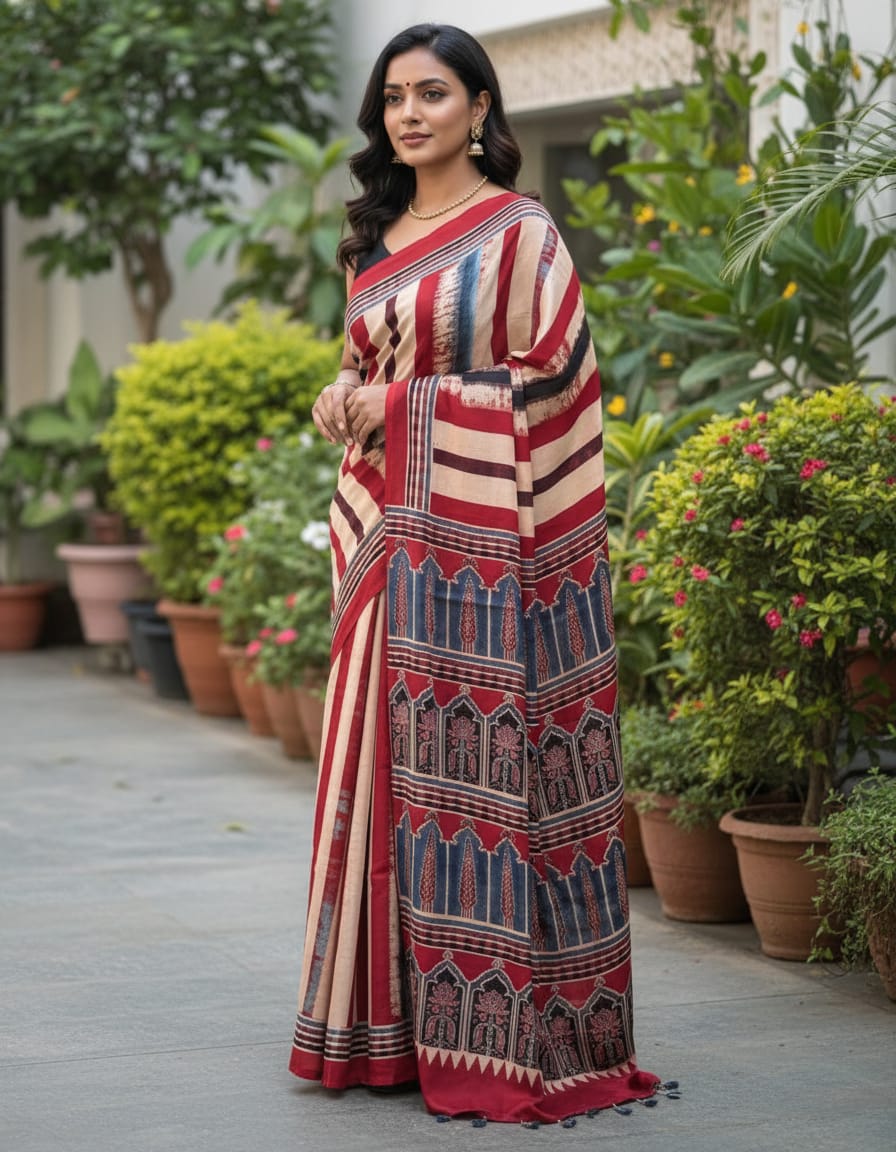 Indigo And Black Ajrakh silk saree
