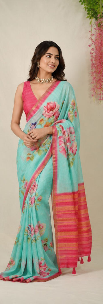 Elegant Sky Blue Linen Saree with Blouse – Perfect for Festive & Casual Wear