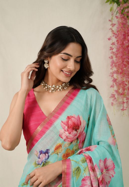 Elegant Sky Blue Linen Saree with Blouse – Perfect for Festive & Casual Wear