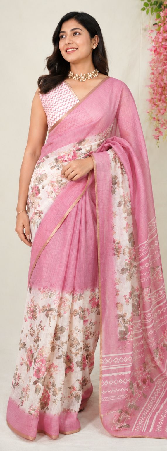 Onion Mauve Pink  Linen Cotton Partly Pallu Saree with Floral Prints and Contrast Blouse - Best for Office Wear | Casual Wear