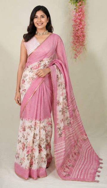 Onion Mauve Pink  Linen Cotton Partly Pallu Saree with Floral Prints and Contrast Blouse - Best for Office Wear | Casual Wear