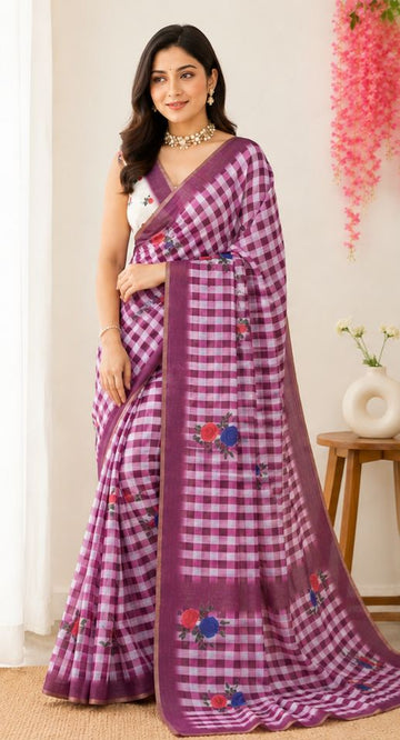 White with Magenta Purple  Linen Cotton Saree Madras Checks with Rose Flower Prints - Best for Office Wear | Casual Wear