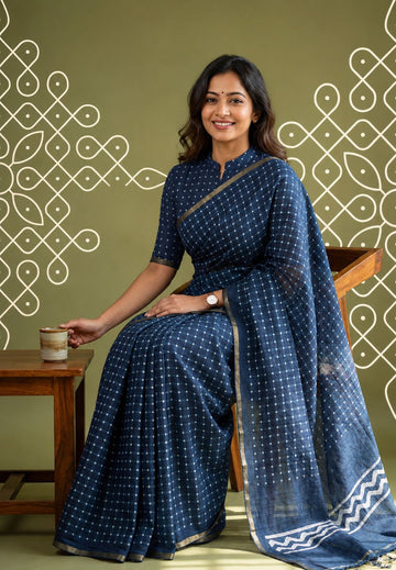 Elegant Blue Linen Saree with Blouse – Perfect for Festive & Casual Wear
