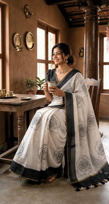 Elegant White Linen Saree with Blouse – Perfect for Festive & Casual Wear