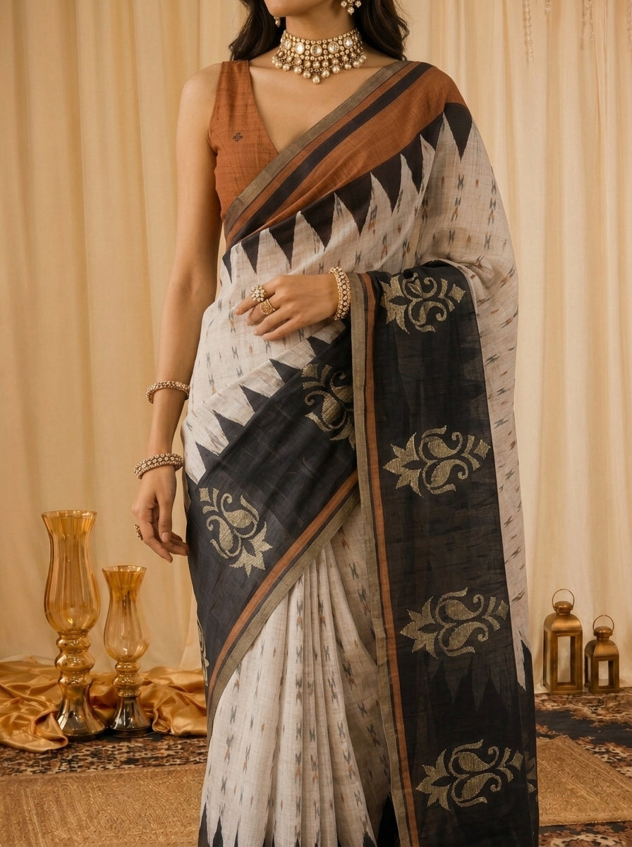 Geometric zig-zag Striking Black Border Beutifull Saree