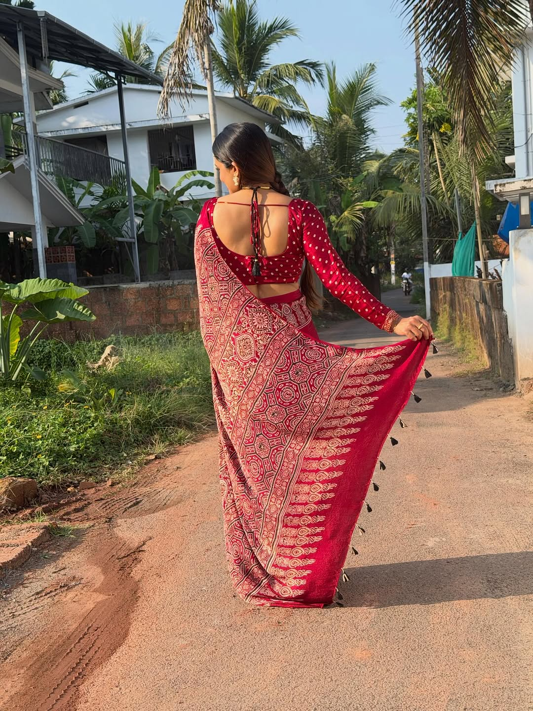 Gaji Silk Saree with Ajrakh Pallu and Printed Border