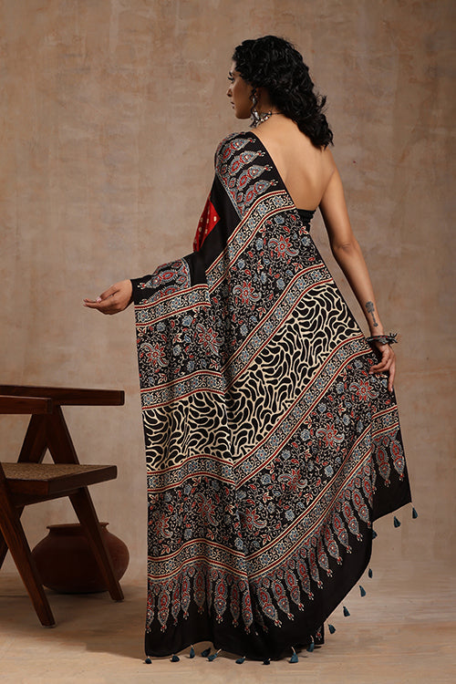 Jahangir Khatri - Black & Red Ajrakh With Bandhani Modal Saree - 00
