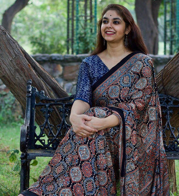 DESIGNER BLUE AJRAKH PRINTED  SILK SAREE.