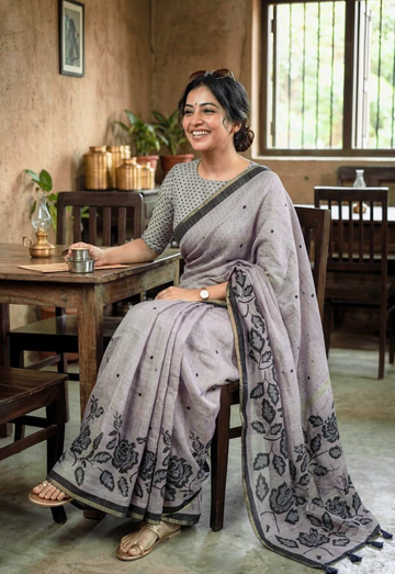 Elegant Grey Linen Saree with Blouse – Perfect for Festive & Casual Wear